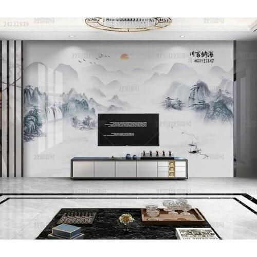 3D Atmospheric water and ink landscape painting murals new Chinese living room sofa TV Haina Bachuan background wall wallpaper