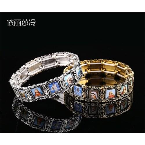 48 pieces / handmade beaded bracelet elastic bracelet metal alloy Catholic saint image prayer bracelet Easter gift