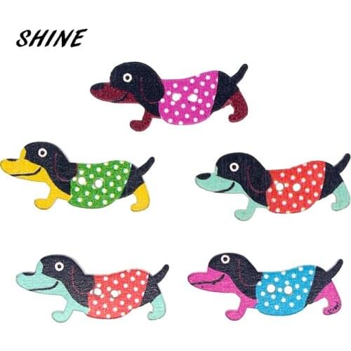 SHINE Wooden Sewing Buttons Scrapbooking Dog Colorful Mixed Two Holes Cartoon Pattern 35 x 15mm 12 PCs Costura Botones Decorate