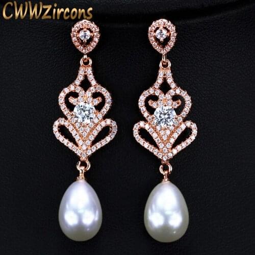 CWWZircons Cubic Zirconia Rose Gold Color Long Pearl Drop Earrings for Women Vintage Ethnic Wedding Bridal Party Jewelry CZ316