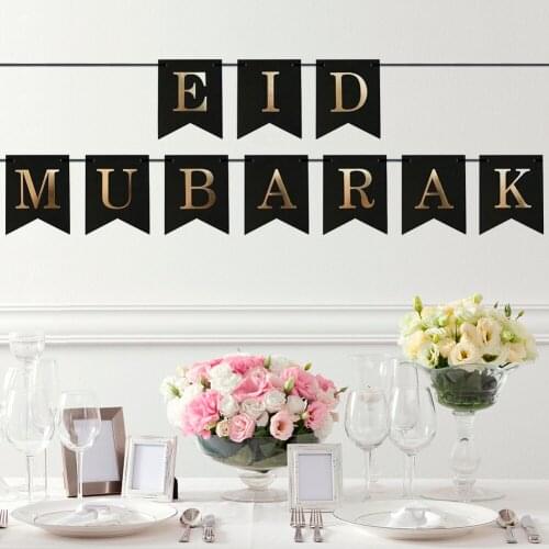 EID MUBARAK Paper Banner Ramadan Decoration for Home Garland Muslim Festival Ramadan Gold Black EID Banner