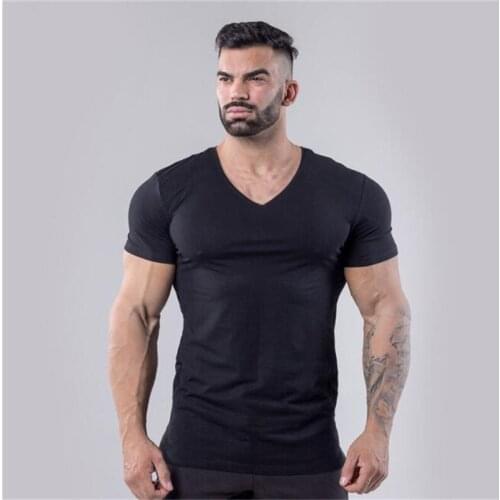 Summer Gym Clothing Cotton V-Neck Fitness T-shirt Men Fashion Short Sleeve T-shirt Male Slim Fit Tshirt Bodybuilding Workout Tee