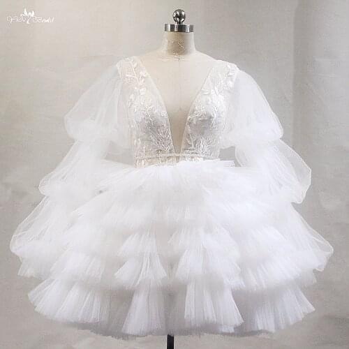 LZF138 Ivory V Neck Puff Pleat Sleeve Short Prom Dresses Sexy See-Through Appliques Beads Ruched Evening Gowns For Women