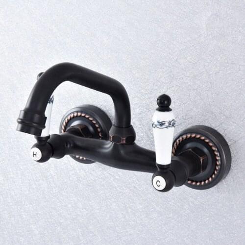 Oil Rubbed Bronze Bathroom Basin Swivel Spout Faucet Wall Mounted Dual Ceramic Handles Vessel Sink Mixer Taps Nsf747