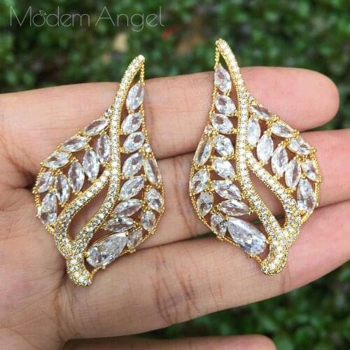 ModemAngel Luxury Gorgeous Marquise Leaf Flower Shape Cubic Zirconia Earrings for Brides Wedding Jewelry
