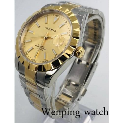 Parnis 39mm golden case sapphire crystal golden dial date window 21 jewels Miyota movement mens top luxury automatic watch