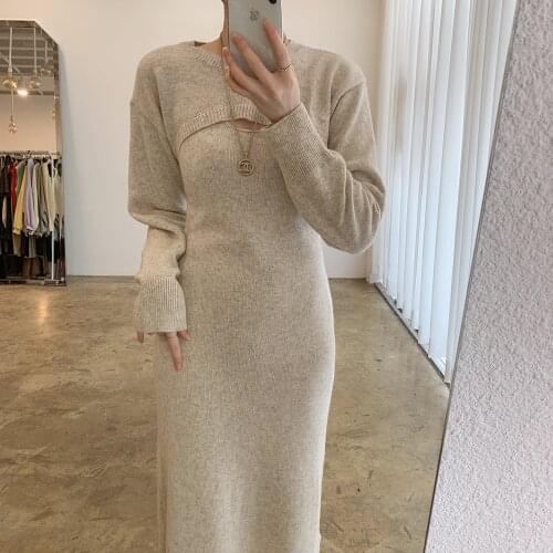 Autumn Winter Two Piece Set Women Long Sleeve Knitted Crop Top And Sexy Bodycon Long Sweater Dress Suits 2 Pieces Ensemble Femme