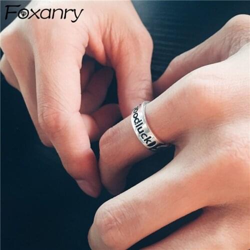 FOXANRY 925 Sterling Silver Open Ring INS Fashion Vintage Punk Hip Hop Creative Twist Good Luck Letter Thai Silver Party Jewelry