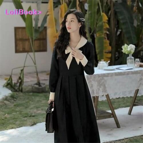 Lolibook French Corduroy Dress Women 2021 New Vintage Elegant Ladies Bow Long Sleeve Dresses for Spring Autumn