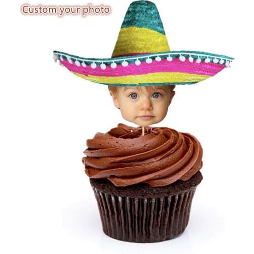 Custom Face photo Mexican Sombrero baby shower Cupcake Toppers, Mexican Sombrero Fiesta Birthday Cake Toppers