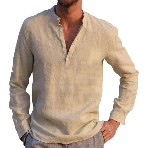 Shirts for Men Solid Color Casual Loose Long Sleeve Shirt Male Tops Button V-neck Tees Blouse Mens Shirts