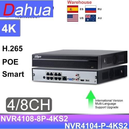 Dahua NVR NVR4104HS-P-4KS2 NVR4108HS-8P-4KS2 4CH 8CH NVR POE 4K Network Video Recorder H.265 Smart Playback APP Remote View