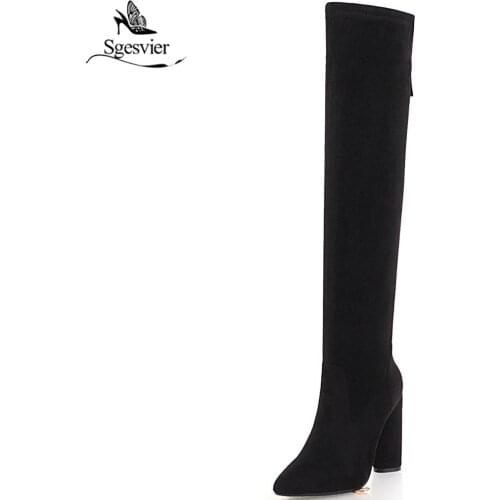 Sgesvier New autumn women long boots square heel Faux Suede thigh high boots high heels over the knee boots size 33-46 OX844