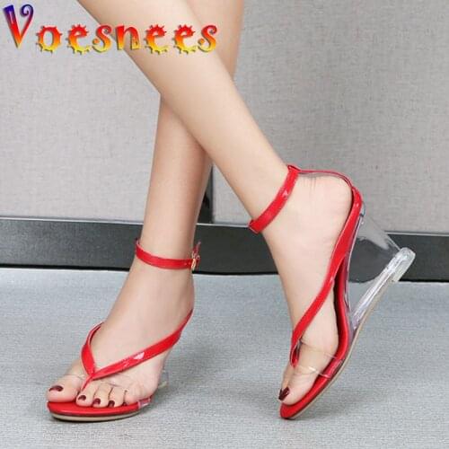 Voesnees Women Sandals 2021 Fashion Summer New Flip-Flops Office Sandals 8CM Transparent Wedges Sexy Model Catwalk Show Shoes