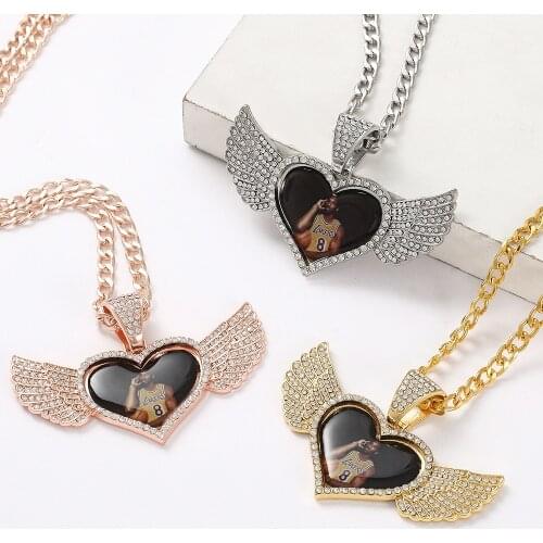 Custom Made Photo Heart Wings Hip-hop Necklace Shine Pendant Personality Cuban Link & Tennis Jewelry For Man Women Bling Gifts