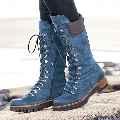 2021 Womens High Boots PU Leather Vintage Autumn Lace Up Round Toe Square Heel Keep Warm Middle Cowboy Boots Shoes #40