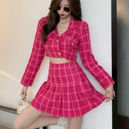 Small Fragrance Vintage Tweed Two Piece Set Women Crop Top Short Jacket Coat & High Waist Skirt Suits Fall High Street 2pcs Sets
