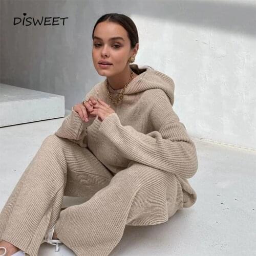Knitted Solid Hooded Suit Woman Simple and Loose Autumn and Winter Sportswear Womens Suit Slim Warm 2-piece Set Women 2020