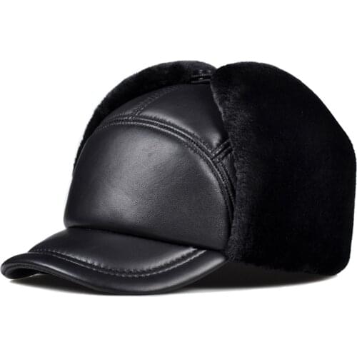 Winter Ushanka Real Sheep Leather Hat Men Womens Pilot Aviator Bomber Trapper Hat Faux Fur Snow Cap With Ear Flaps