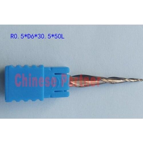 1pc R0.5*D6*30.5*50L*2F HRC55 Golden Tungsten solid carbide Tapered Ball Nose End Mill cone milling cutter wood tool