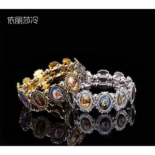 48 Pieces / Catholic Beaded Bracelet Classic Catholic Saint Elastic Alloy Small Square Bracelet, Random Catholic Image
