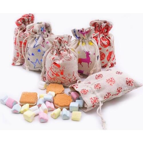 5pcs/lot 10*14cm Cloth Bags Christmas Linen Jute Drawstring Gifts Candy Bags for Wedding Festival Party Candy Packaging Supplies