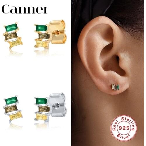 Canner Gold Color Square Zircon 100% 925 Sterling Silver Earings Stud Earrings For Women Party Gifts Piercing pendientes 2020 W5