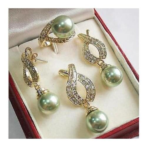 Free Shipping >> Natural 12mm Green Shell Pearl Pendant Necklace Earrings Ring Sets+ Free Chain