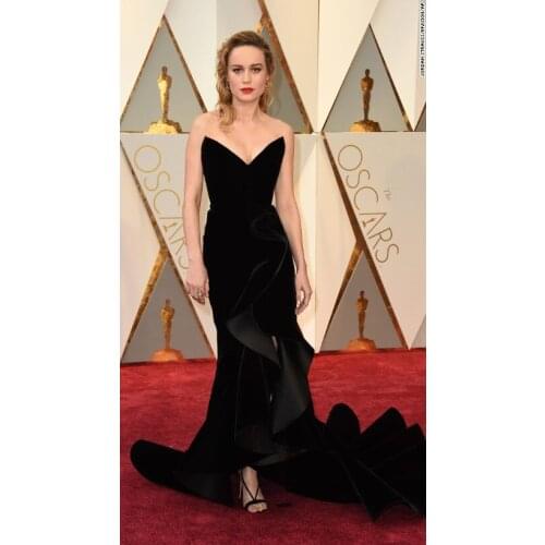 Brie Larson Oscar Red Carpet Black Velvet Celebrity Dress V Neck Mermaid Long Celebrity Gowns Dresses Vestidos De Noite