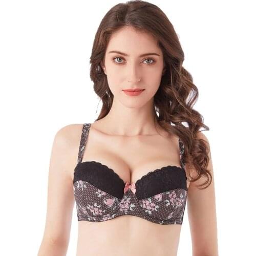 MiaoErSiDai Floral Print Strapless Bra Women Bralette Lace Stitch Balconette Bra Adjustable Straps Push Up Sexy Girls Underwear