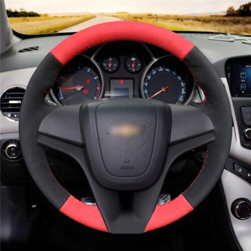 Black Suede leather Red Leather Hand Sew Wrap Car Steering Wheel Cover For Chevrolet Cruze 2009-2014 / Aveo 2011-2014