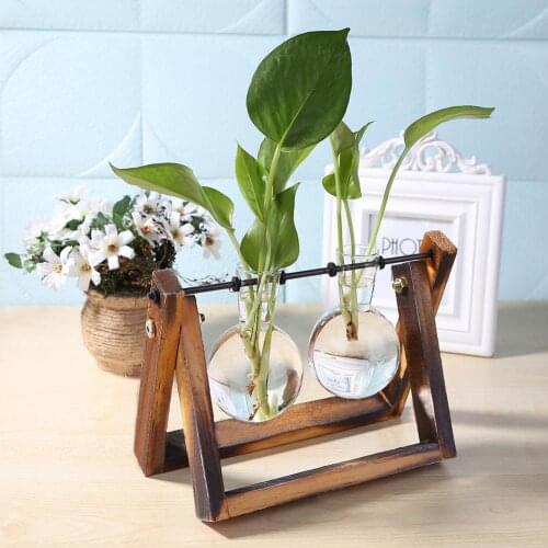 Terrarium Hydroponic Plant Vases Vintage Flower Pot Transparent Vase Wooden Frame Glass Tabletop Plants Home Bonsai Decor