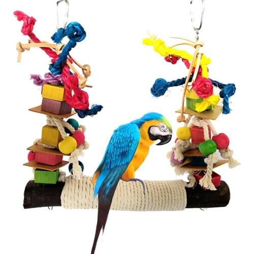 Parrot Toy Bird Bite Toy Perch Wooden Leather Colorful Building Block Cotton Rope Big Swing Standing Training Toys For Pet Birds