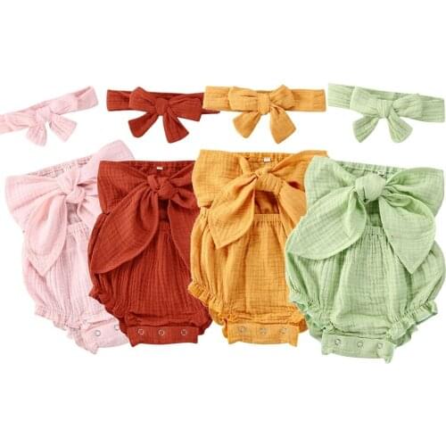 0-24M Newborn Infant Baby Girls Bodysuits Headband 2pcs Solid Bowknot Sleeveless Jumpsuits Outfits 4 Colors