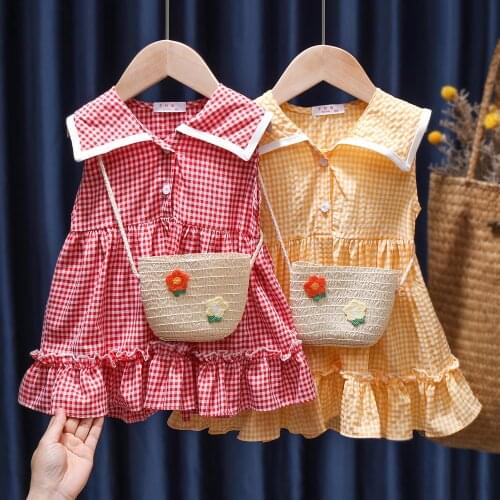 Summer Baby Girl Dress Princess Party Dresses Fashion Plaid Infant Toddler Newborn Child Dress+Bag 2pcs Kids Clothing Set Gifts