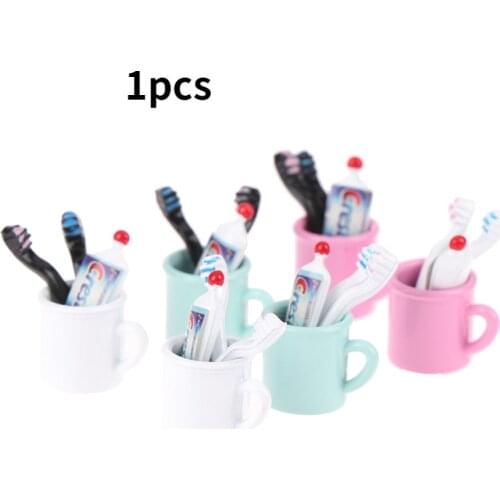 1 Set 1/12 Doll House Miniature Mini Mouthwash Cup And Toothpaste Toothbrush Set for Dollhouse Bathroom Furniture Decor