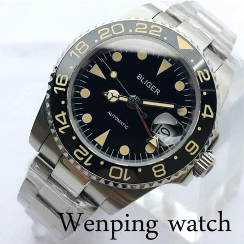 Bliger 40mm Mens Top Casual Business Watch Silver Case Sapphire Glass Ceramic Bezel Black Dial Date Luminous Automatic Watch