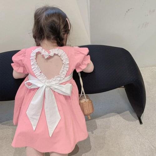 2021 New Girls Dress Summer Fashion Korean Cute ChildrenS Clothes Love Back Hollow Butterfly Short-Sleeved Princess Dress