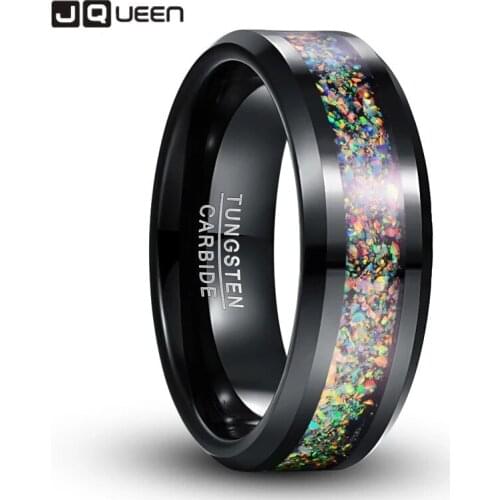 New Hot 8mm Black Color Electroplated Polished Natural Colorful Opal Tungsten Carbide Rings Mens Jewelry Wedding Bands Rings