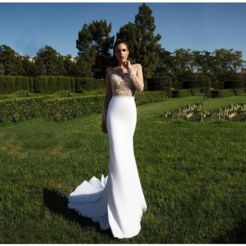 Charming Mermaid Long Sleeves Bridal Wedding Gowns Illusion O Neck Beading Bodice Slim Bride Wedding Dresses Sheer Back 2021