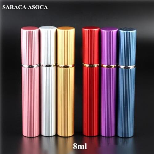 Wholesale 8ML Coloeful Straight Stripe Aluminum Perfume Glass Spray Bottle Cosmetics Empty Refillable Bottles 30 pcs/lot