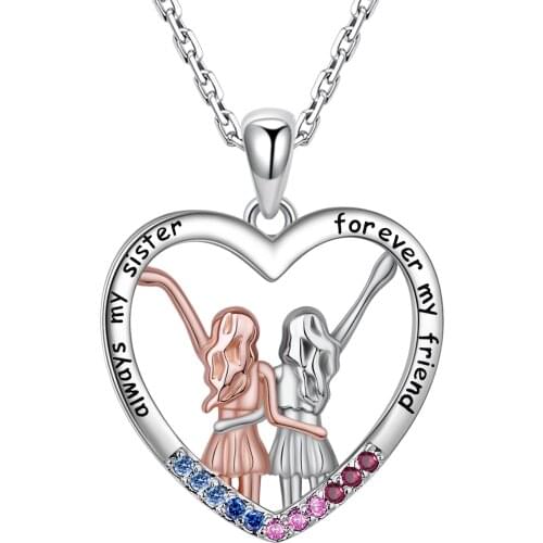 925 Sterling Silver Sisters Necklace Always My Sister Forever My Friend Heart Pendant Necklace Fine Jewelry for Sisters Gifts