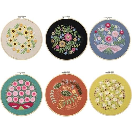 Embroidery Starter Kits Flowers Plants Pattern Embroidery with Embroidery Hoop Needles DIY Hand Cross Stitch Kit For Beginner
