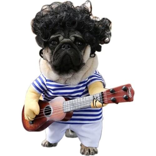Funny Pet Guitar Player Cosplay Dog Costume Guitarist Dressing Up Party Xmas Halloween New Year Clothes For Dog Cats Plus Wig
