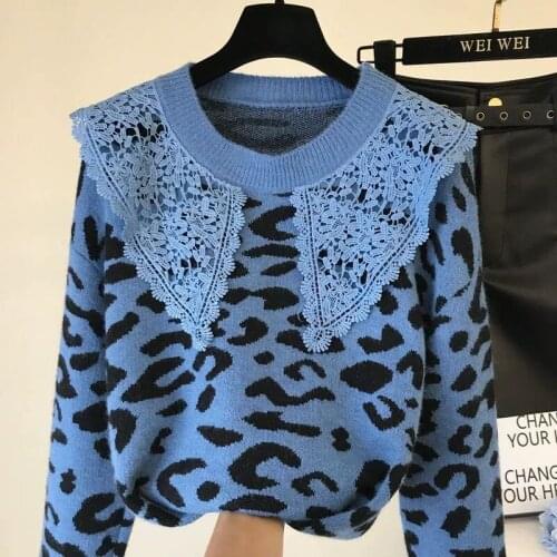 Autumn Patchwork Lace Leopard Sweater Women jumpers pull femme knitted Pullovers