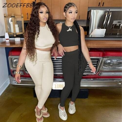ZOOEFFBB Sexy Rib Knitted Two Piece Set Sports Tank Crop Top Sweatpants Fall Outfits Tracksuit Women Lounge Wear Matching Sets
