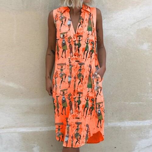 Women Casual V Neck Print Pocket Loose Dress Vintage Pullover Sleeveless Ladies Summer Dress Streetwear Plus Size Dress Vestidos