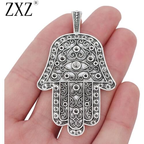 ZXZ 5pcs Tibetan Silver Large Hamsa Hand Charms Pendants for Jewelry Making Findings 70x40mm