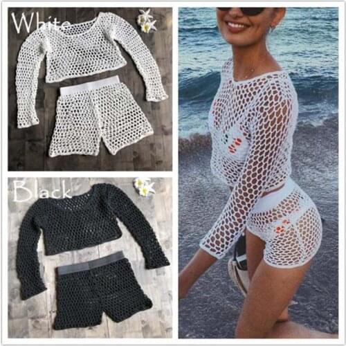 Free Shipping Women Sexy Handmade Beach Split Swimsuit Female Knitted Crochet Bikini Fishnet Hollowed Out Sunscreen Swimwear