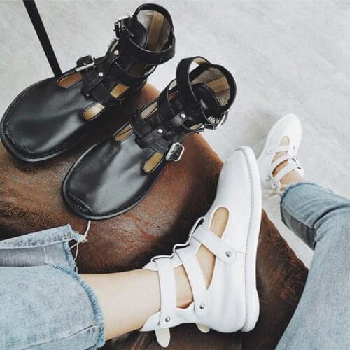 Gothic Buckle Strap Ankle Boots Women Spring Summer Leather Platform White Black Motorcycle Shoes Fashion Designer Flat Sandals